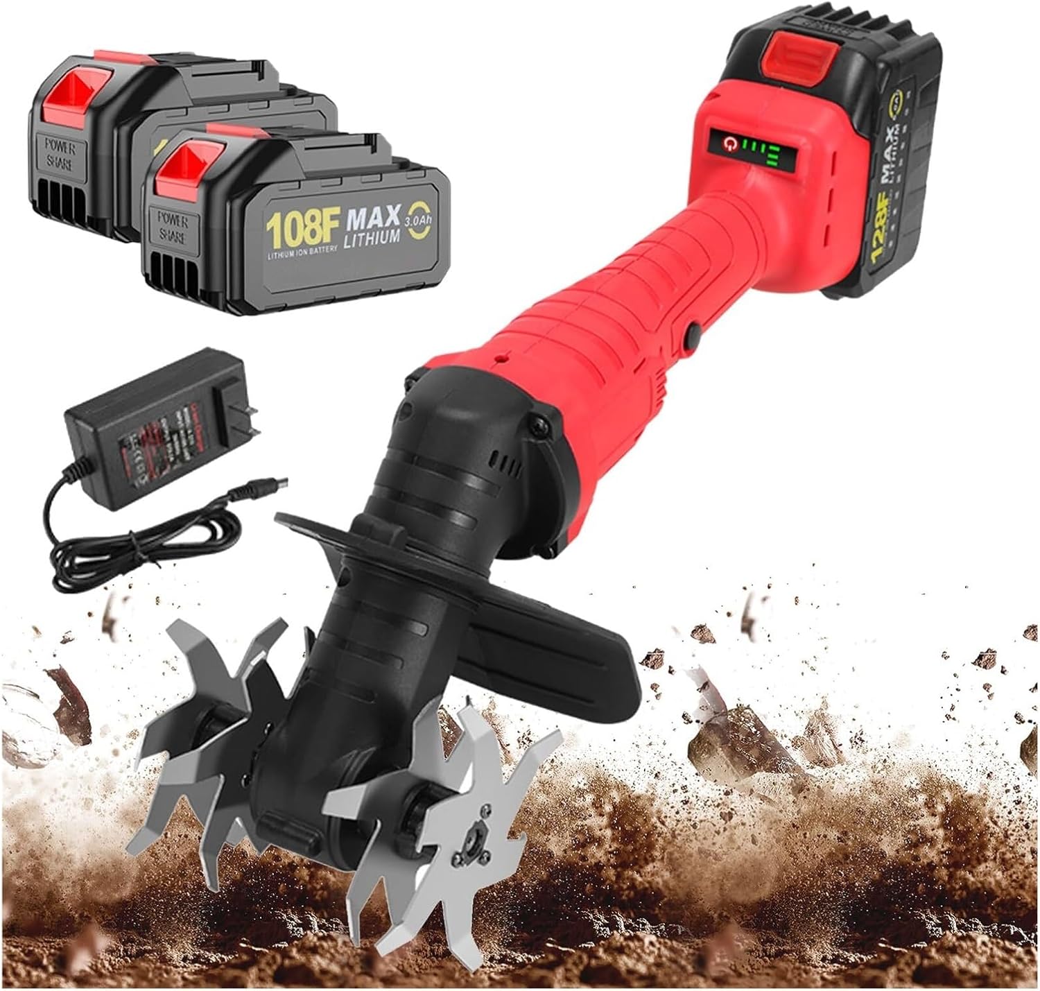 Cordless Garden Soil Tiller Cultivator, 21vHandheld Electric Tiller，Rapid Cultivation of Farmland，10cm Tilling Width,12cm Depth, 3-Speed Adjustment, for Loosening Weeding