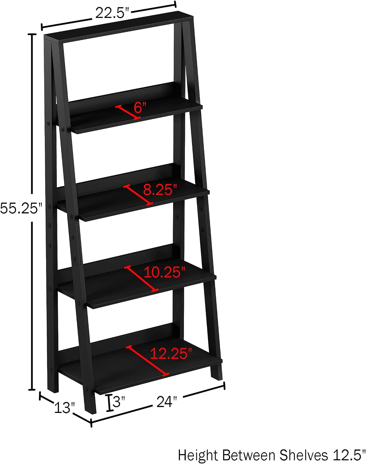 Lavish Home 4-Tier Ladder Shelf – Set of 2 Modern Freestanding Bookcases with Leaning Design for Storage & Display in Living Room, Bathroom, Kitchen or Home Office (Black)
