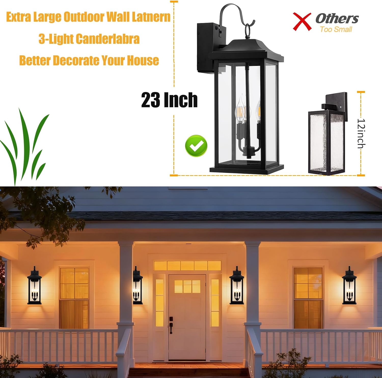 23 Inch GFCI Outlet Dusk to Dawn Outdoor Light for House, Photocell Exterior Lighting Fixture with Receptacles Extra Large Porch Light with Plug Matte Black Outdoor Wall Sconce Light Garage