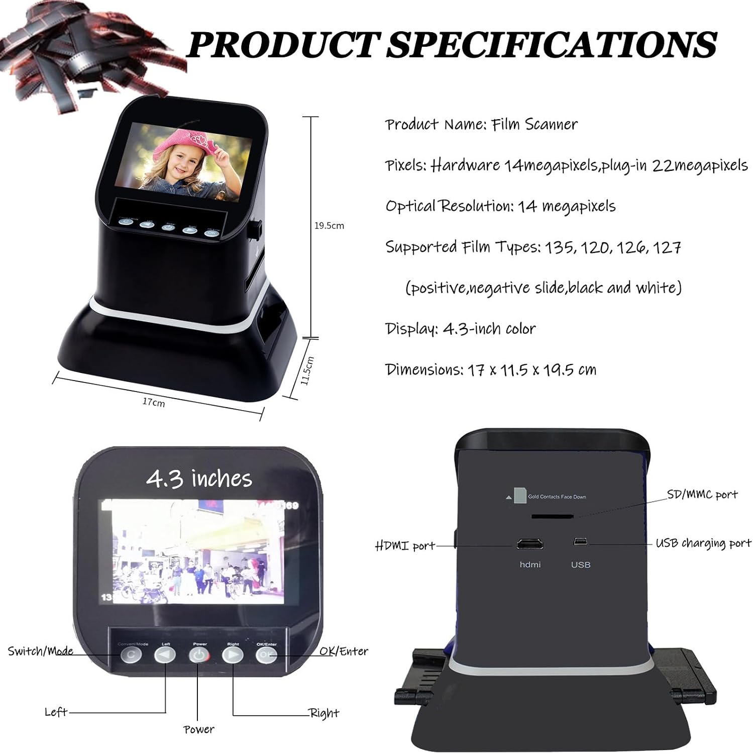 Digital Film Scanner, 120 High Resolution, Supports 5 Specifications of 120 Film, 1080P LCD Screen, Convert 35mm, 135, 126, 127 Negative and Slides to Digital JPEG