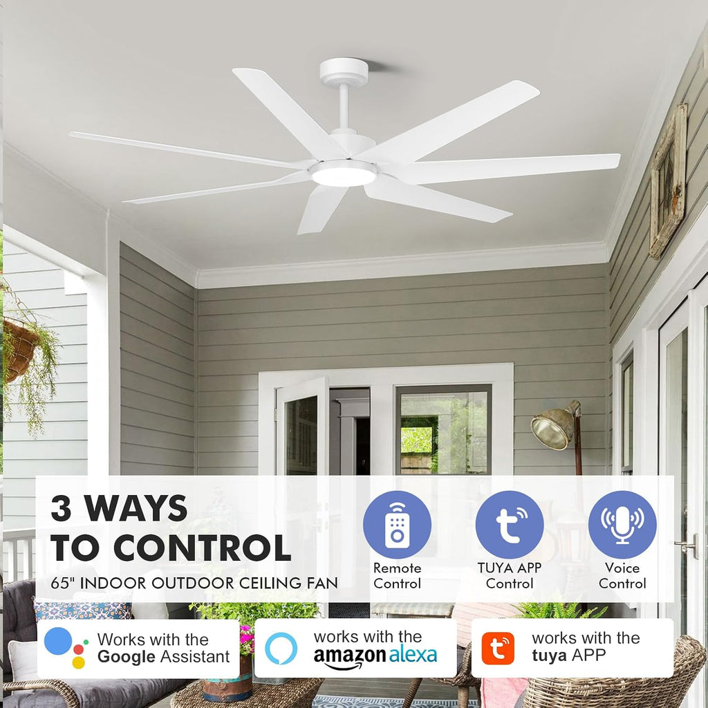 Smart Outdoor Ceiling Fan for patio with Lights Wet Rated, 65 inch High CFM Modern White Ceiling Fan with Alexa/Remote/App Control, Waterproof outdoor Fan for Living Room Exterior Porch Gazebo Garage