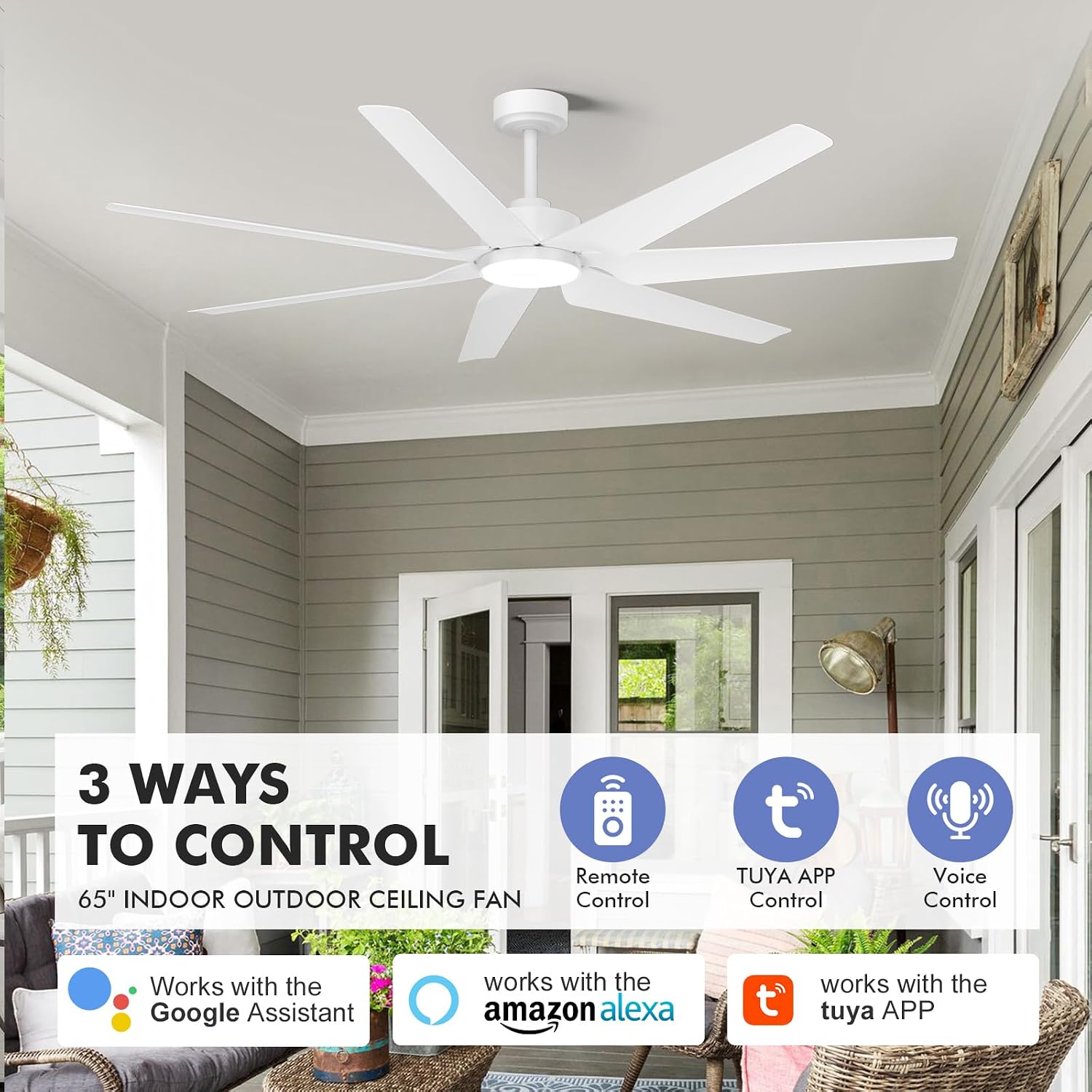 Smart Outdoor Ceiling Fan for patio with Lights Wet Rated, 65 inch High CFM Modern White Ceiling Fan with Alexa/Remote/App Control, Waterproof outdoor Fan for Living Room Exterior Porch Gazebo Garage