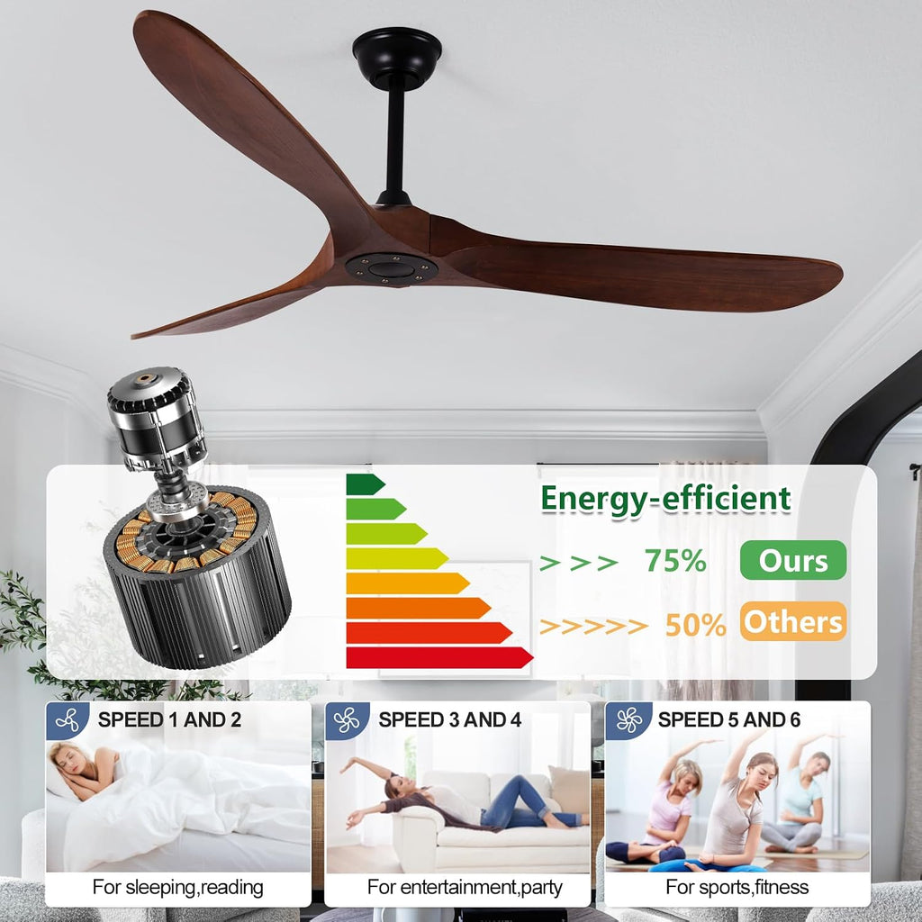 Outdoor Ceiling Fan No Light,Wood Propeller with Large Airflow,Quiet and Speed Memory,60 Inch Ceiling Fan without Light for Living Room,Garage,Porch. (Dark Walnut, 60 inch)