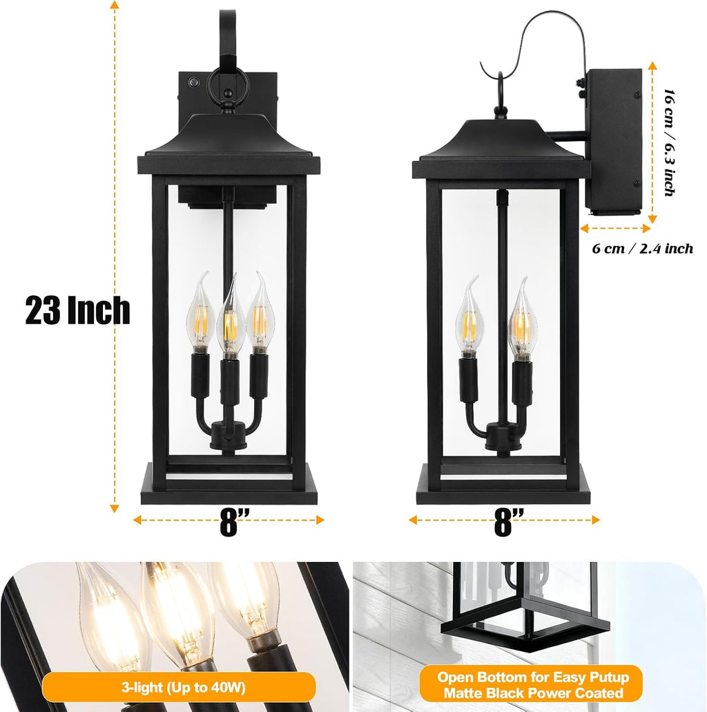23 Inch GFCI Outlet Dusk to Dawn Outdoor Light for House, Photocell Exterior Lighting Fixture with Receptacles Extra Large Porch Light with Plug Matte Black Outdoor Wall Sconce Light Garage