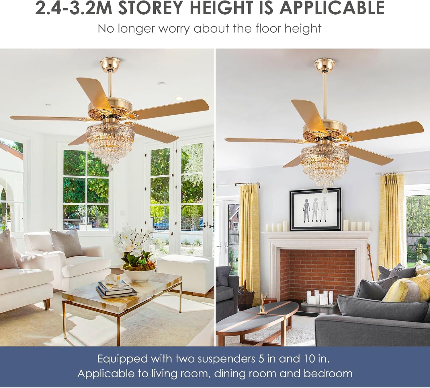 Asyko 52' Golden Crystal Ceiling Fan Fandelier with Lights - Modern Chandelier Fans with Remote Control，Noiseless DC Motor, Retro/Farmhouse Lighting, Dining Room,Living Room