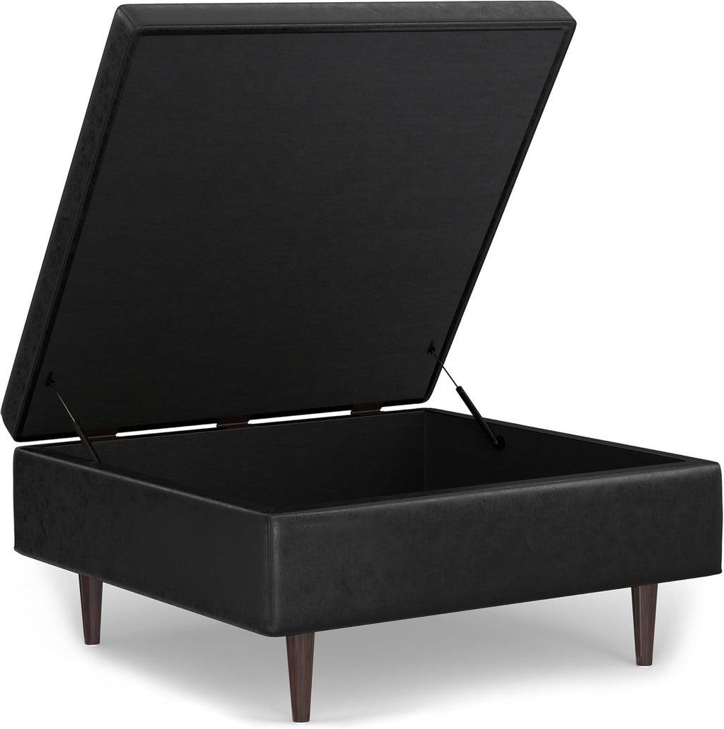SIMPLIHOME Shay 38 inch Wide Mid Century Modern Large Square Coffee Table Storage Ottoman in Distressed Black Vegan Faux Leather, Assembled, for the Living Room and Entryway