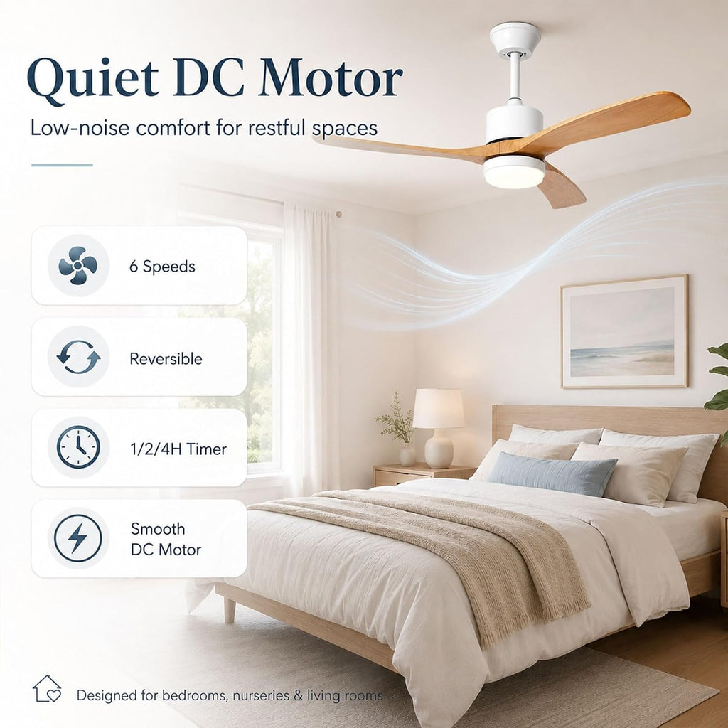 48-Inch Modern Ceiling Fan with LED Light, 6-Speed DC Motor, Remote & Wall Control, Reversible Blades Wood Quiet Ceiling Fans for Bedroom & Living Room