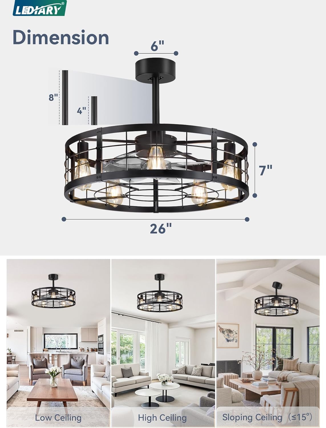 LEDIARY 26 inch Fandelier Caged Ceiling Fan with Light, Bladeless Ceiling Fan with Remote, Farmhouse Fan Lights Ceiling Fixtures for Kitchen, Bedroom, Outdoor(6 Speed, Timing)-Black