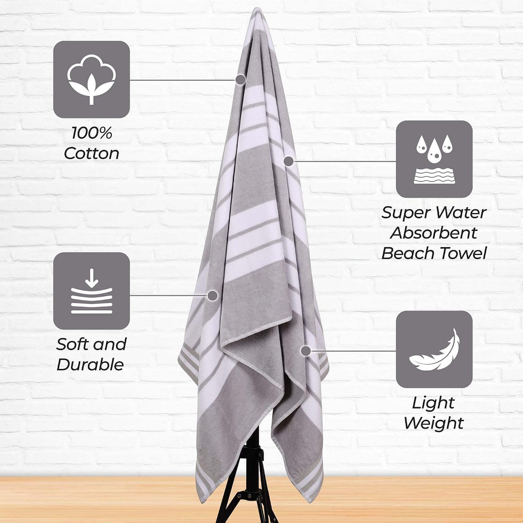 Superior Oversized Cotton Beach Towel Set of 6, Absorbent Towels for Bathroom, Beach, Pool, Swim, Adults, Kids, Vacation, Travel, Bath, Quick Dry Basics, Trip Essentials, Striped Decor, Light Grey