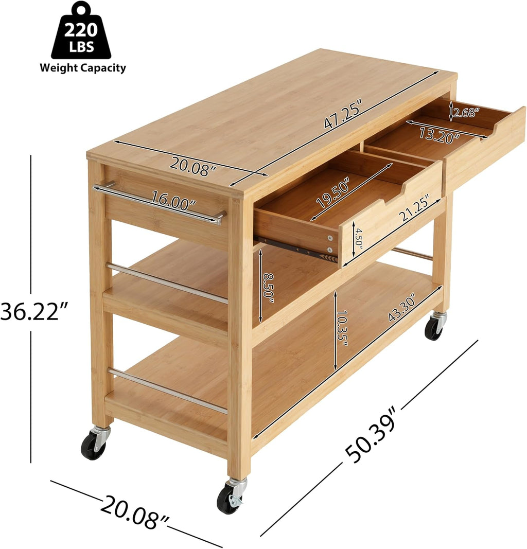 Christopher Knight Home Metis Bamboo Rolling Bar Cart with Storage, Kitchen Island on Wheels with Drawers, Mobile Kitchen Cart Storage Cabinet, Rolling Serving Cart, Shelf Rack Organizer, Natural