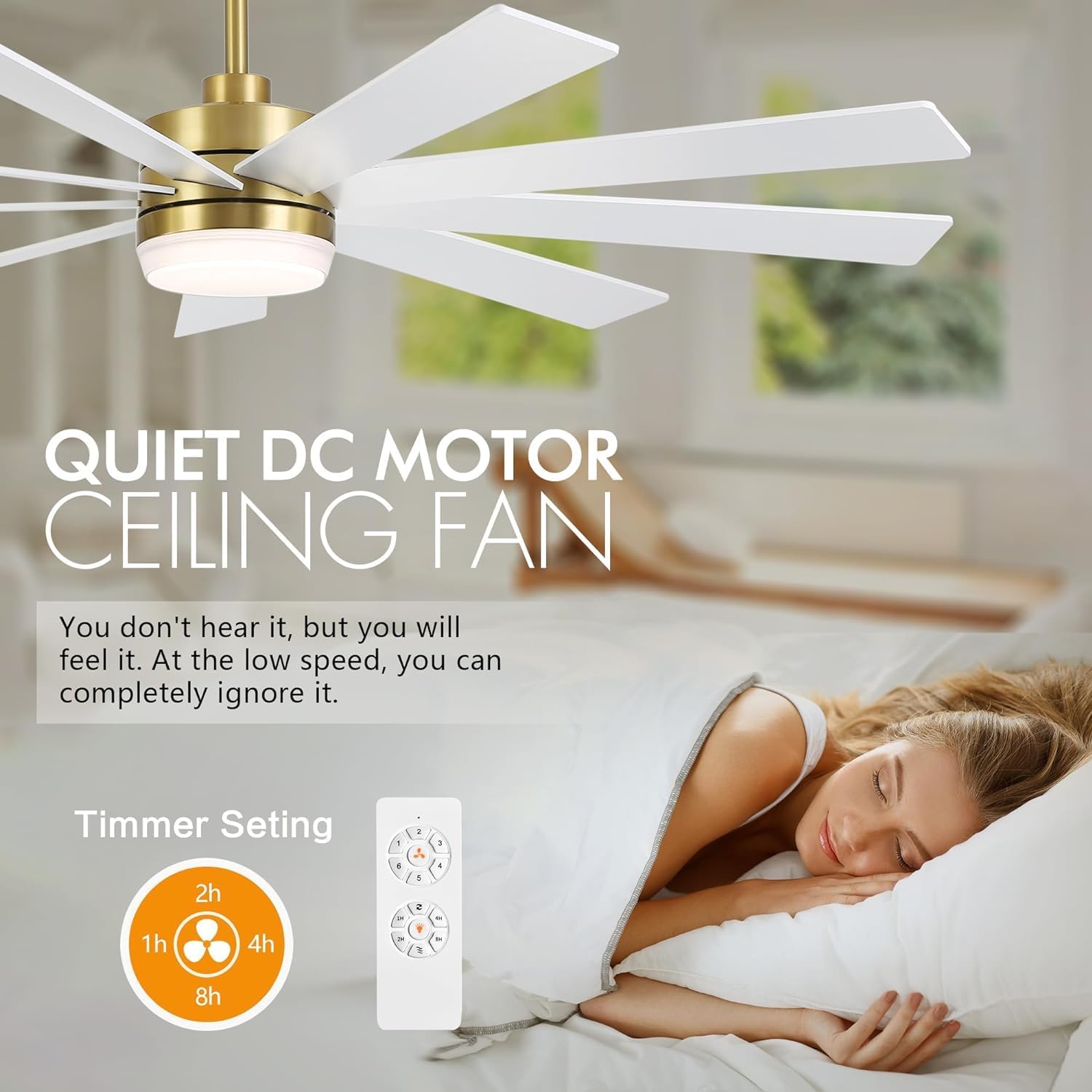 LEDLUX 72' DC Motor Ceiling Fan with Light, 6-Speed Remote Control, Reversible Motor, Modern 9 Blades Ceiling Fan 4.5'/12'/24' Downrods for Home or Commercial, Living Room/Restaurant White/Gold