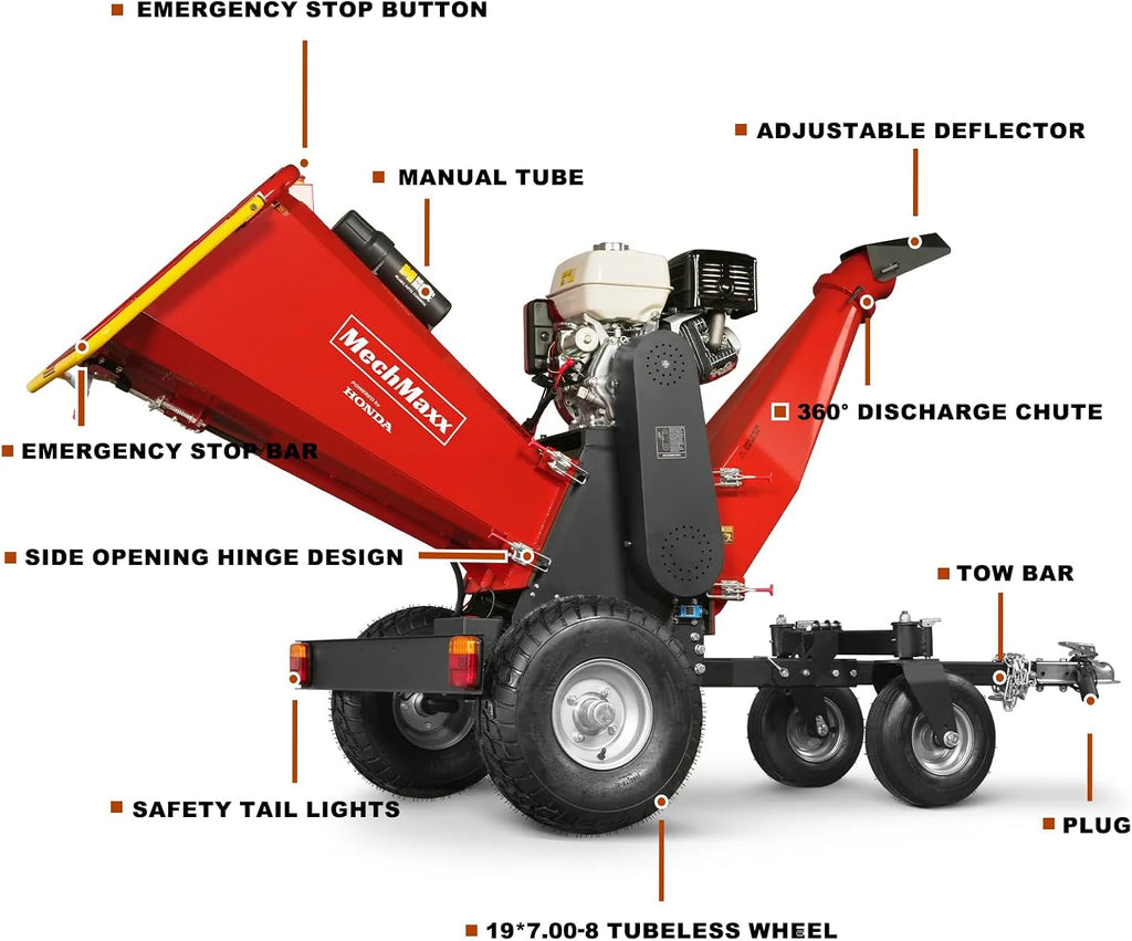 MechMaxx 6'' inch Honda 389cc 11.7HP Electric Start Gasoline Powered Engine 4-Wheels Towable Wood Chipper Shredder Mulcher with Towbar/Tail Light/Emergency Stop Button/Stop Bar, Model B150 Red
