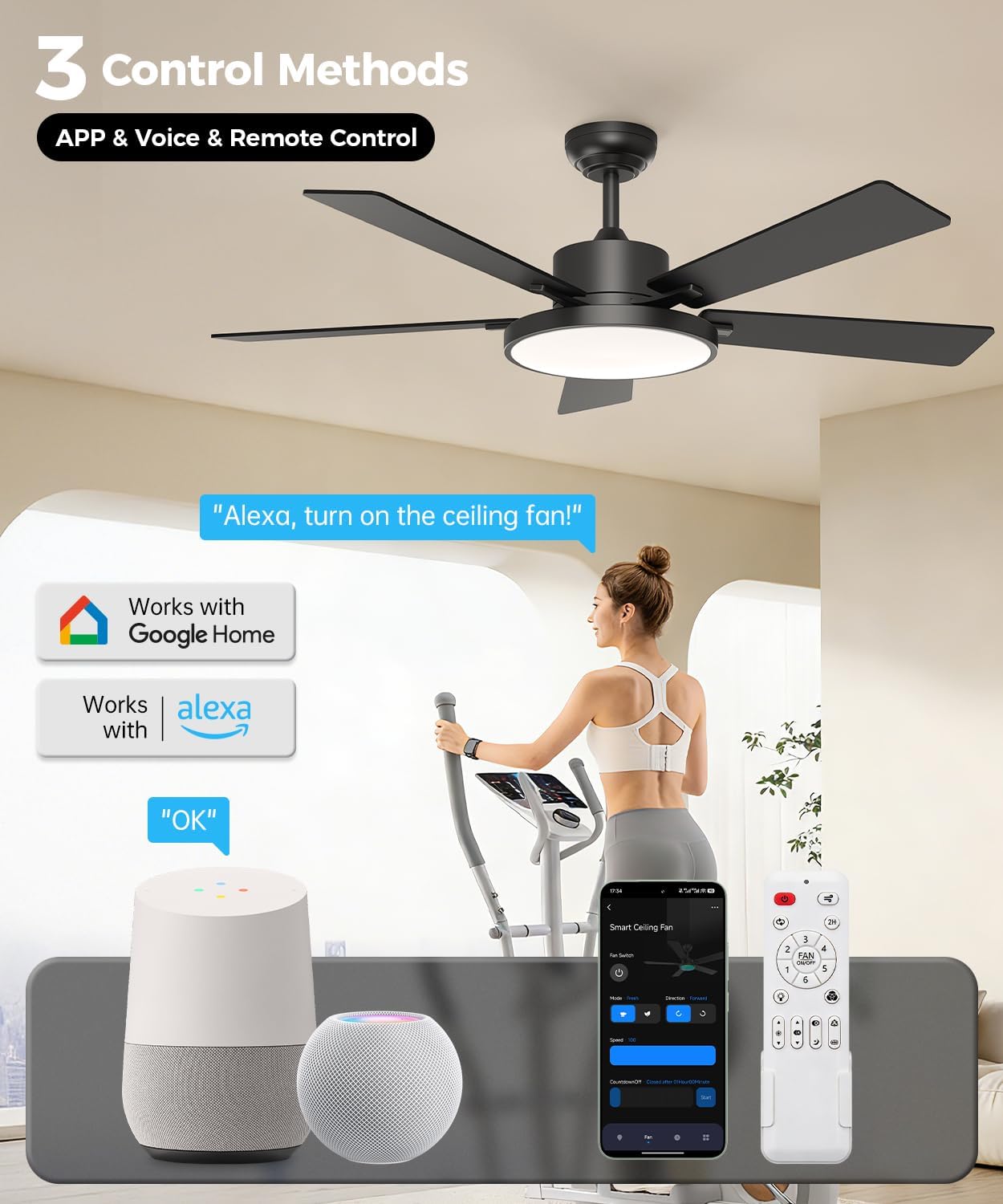 CINOTON 30W LED Wall Pack Light with Dusk to Dawn Sensor & 52' Smart Ceiling Fan with Light and Remote, Alexa/Google/App Control, 6 Speeds & 2 Fan Modes, Reversible DC Motor