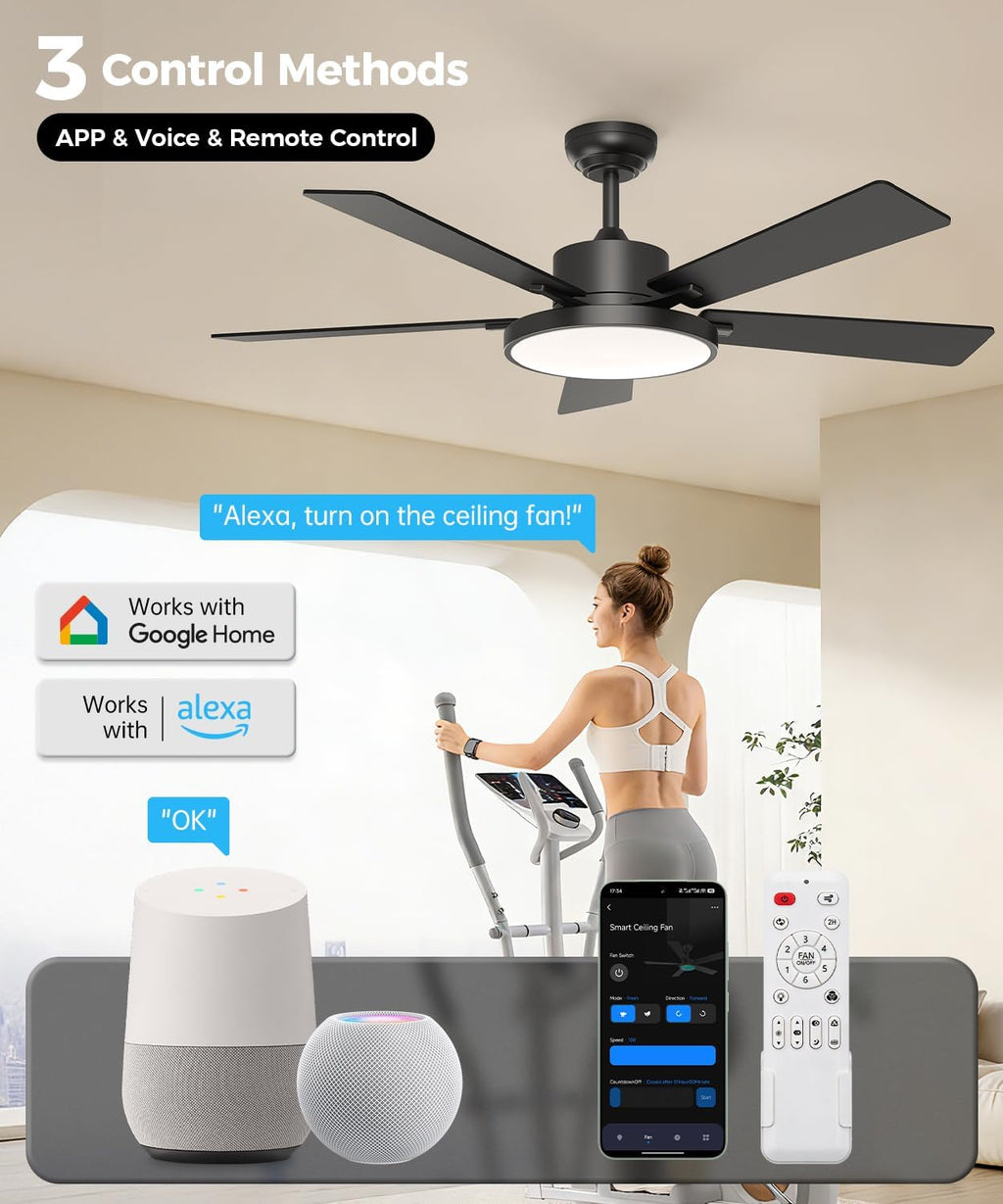 CINOTON 26W LED Wall Pack Light with Dusk to Dawn Sensor and 52' Smart Ceiling Fanwith Light and Remote, Alexa/Google/App Control, 6 Speeds & 2 Fan Modes, Reversible DC Motor
