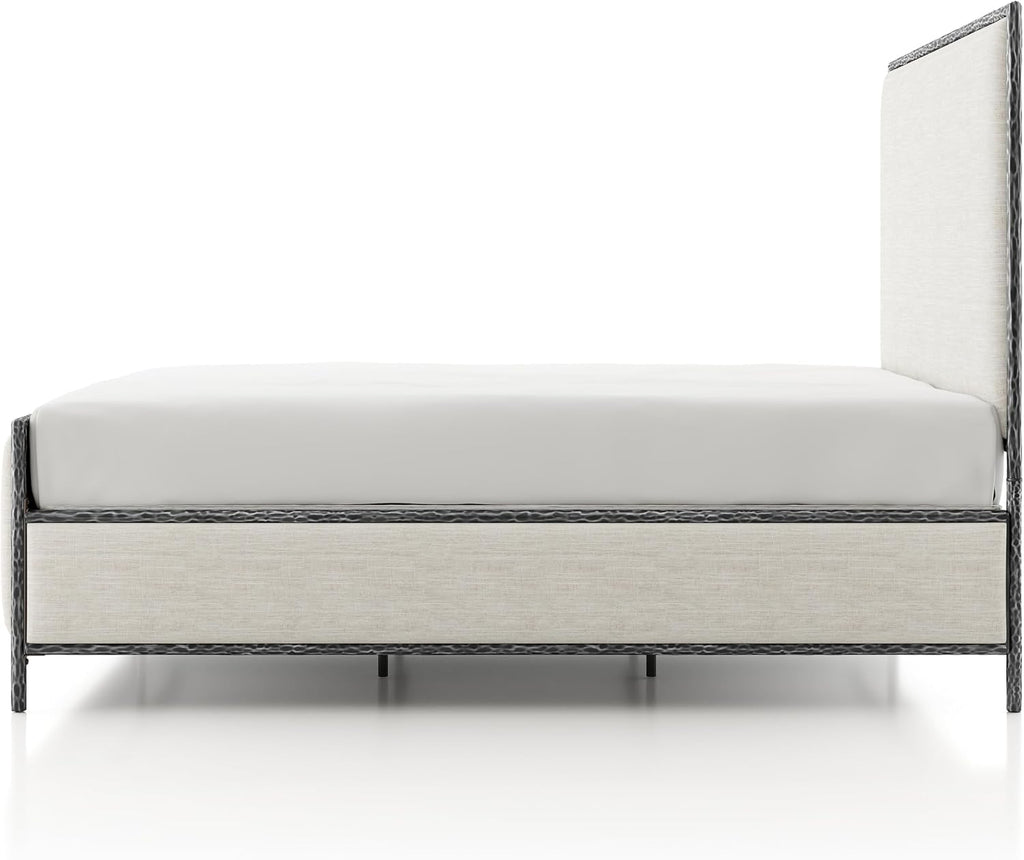 24/7 Shop at Home Lalia Hammered Metal 2-Piece Bedroom Collection, Upholstered Bed Frame with Beige Fabric Headboard, Forged Steel and 1-Shelf Nightstand, Foundation Required, Queen, Matte Grey