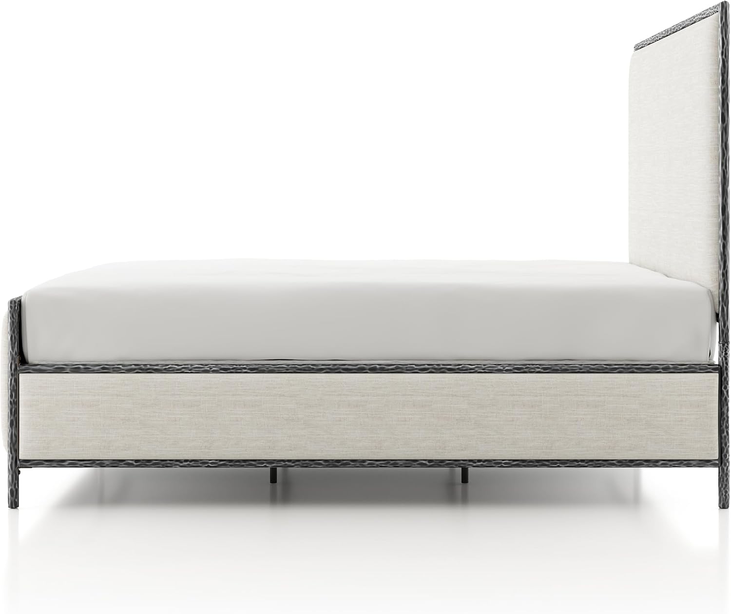 24/7 Shop at Home Lalia Hammered Metal 2-Piece Bedroom Collection, Upholstered Bed Frame with Beige Fabric Headboard, Forged Steel and 1-Shelf Nightstand, Foundation Required, Queen, Matte Grey