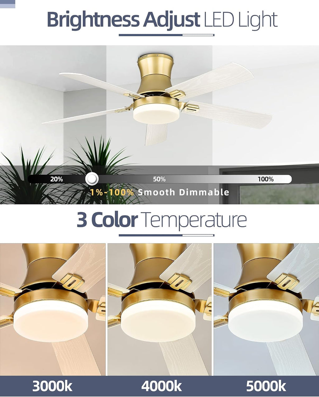 YOUKAIN Ceiling Fans with Lights, 52 inch Low Profile Ceiling fan with Remote Control and App Control, Flush Mount, Reversible, Dimmable, Gold Ceiling Fan for Bedroom, Indoor/Outdoor Use, 52-YJ865-GD
