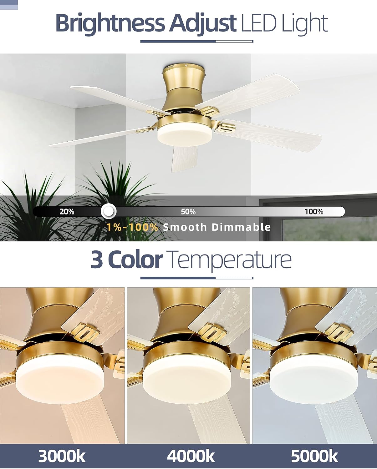 YOUKAIN Ceiling Fans with Lights, 52 inch Low Profile Ceiling fan with Remote Control and App Control, Flush Mount, Reversible, Dimmable, Gold Ceiling Fan for Bedroom, Indoor/Outdoor Use, 52-YJ865-GD