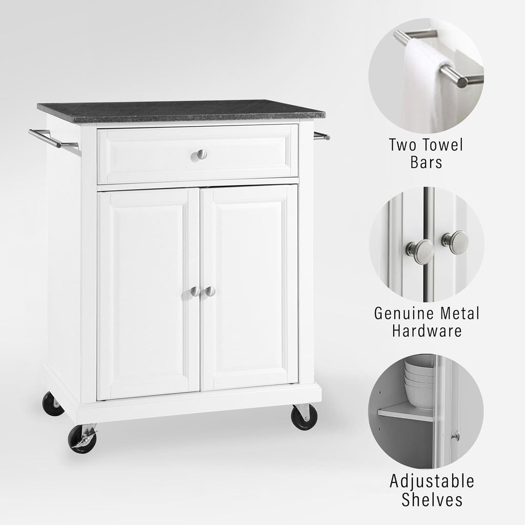 Crosley Furniture Compact Granite Top Small Rolling Cart with Shelves, Microwave Stand with Towel Rack, White