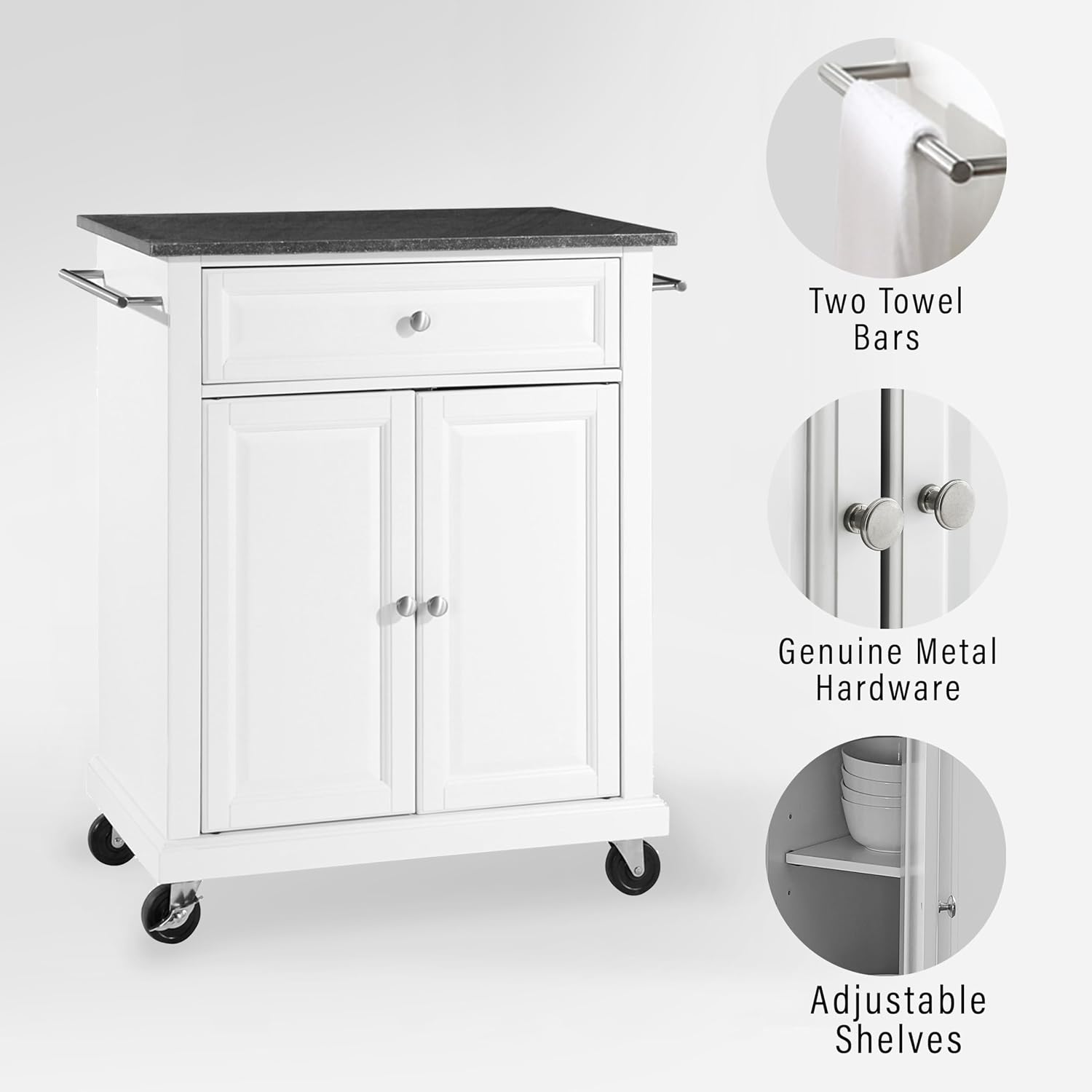 Crosley Furniture Compact Granite Top Small Rolling Cart with Shelves, Microwave Stand with Towel Rack, White