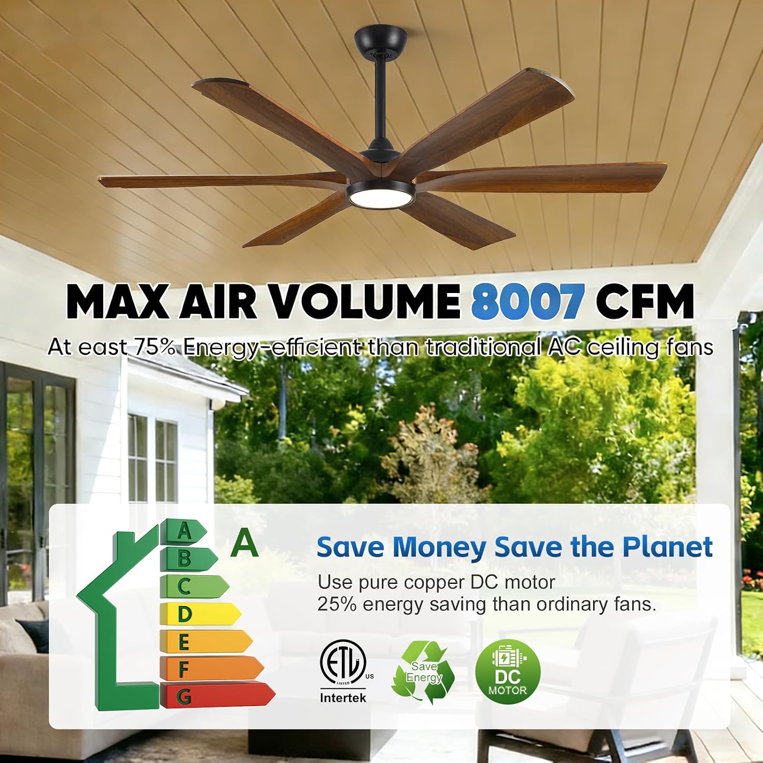 60 Inch Smart Outdoor Ceiling Fan with Lights for Patios, High CFM, Damp Rated 6 Walnut Wood Blades, Alexa Wifi Remote Control, for Modern Farmhouse Indoor Exterior Porch, for Sloped/Tall Ceiling