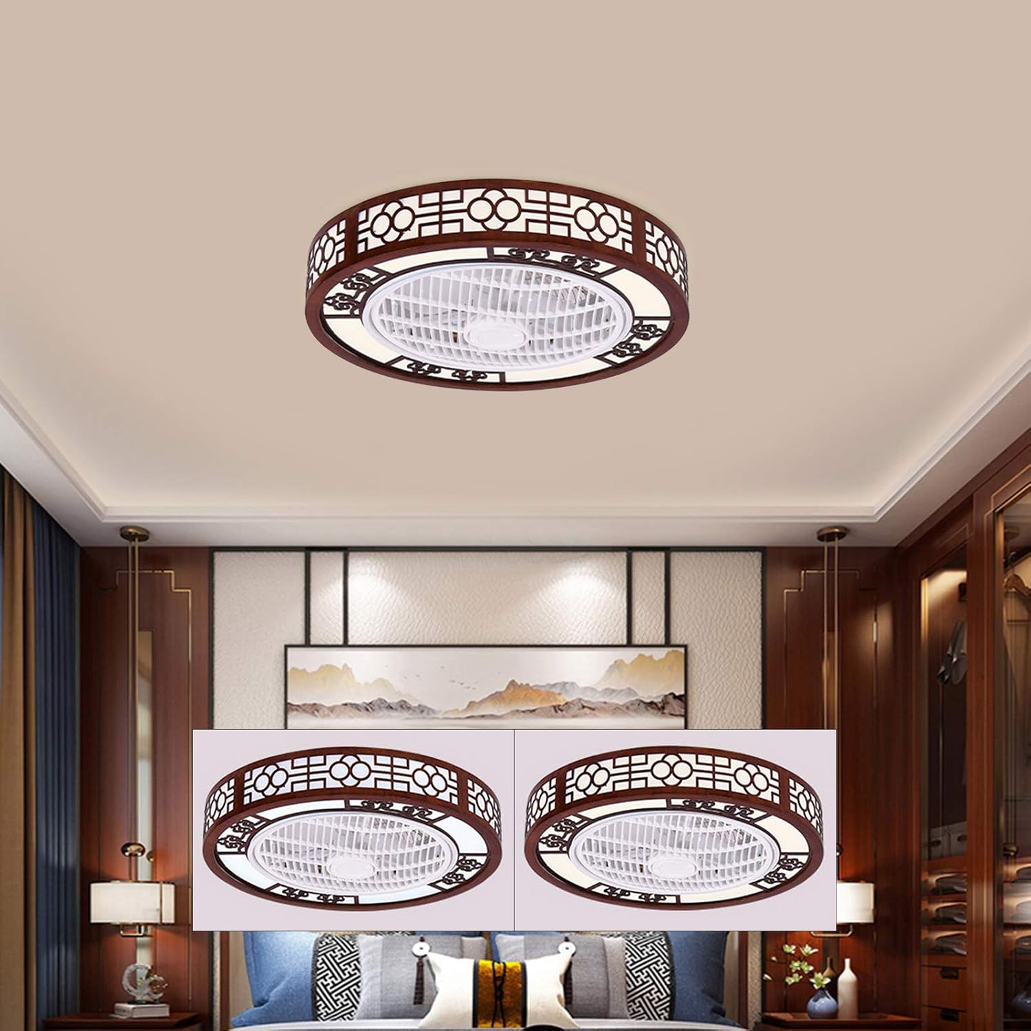 TFCFL 22 Flush Mount Ceiling Fan Light, Retro Style Home LED Lighting Lamp, 3 Speeds 2 Light Colors Enclosed Blades Timing Function W/Remote Control, 64W(Brown)