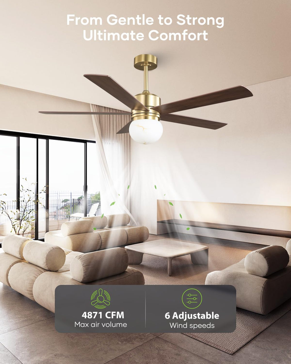 52' Gold Ceiling Fan with Light and Remote, Modern Brushed Gold Indoor Ceiling Fan, Reversible DC Motor, Dimmable LED 3 Color Temp 3000K/4000K/5000K, Dual-Finish White/Walnut Blades