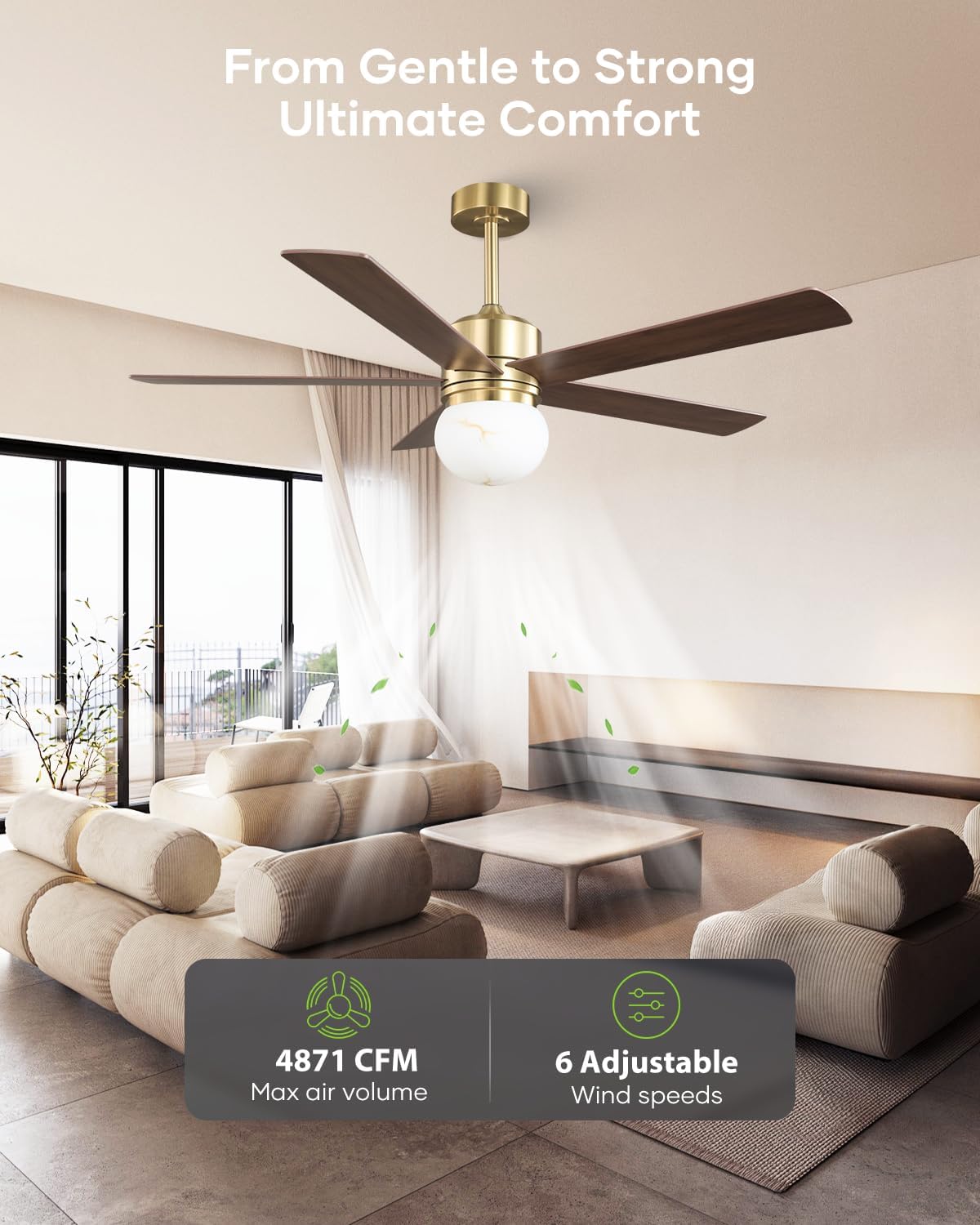 52' Gold Ceiling Fan with Light and Remote, Modern Brushed Gold Indoor Ceiling Fan, Reversible DC Motor, Dimmable LED 3 Color Temp 3000K/4000K/5000K, Dual-Finish White/Walnut Blades