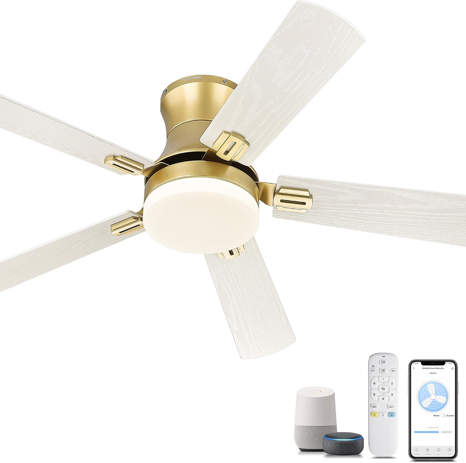 YOUKAIN Ceiling Fans with Lights, 52 inch Low Profile Ceiling fan with Remote Control and App Control, Flush Mount, Reversible, Dimmable, Gold Ceiling Fan for Bedroom, Indoor/Outdoor Use, 52-YJ865-GD