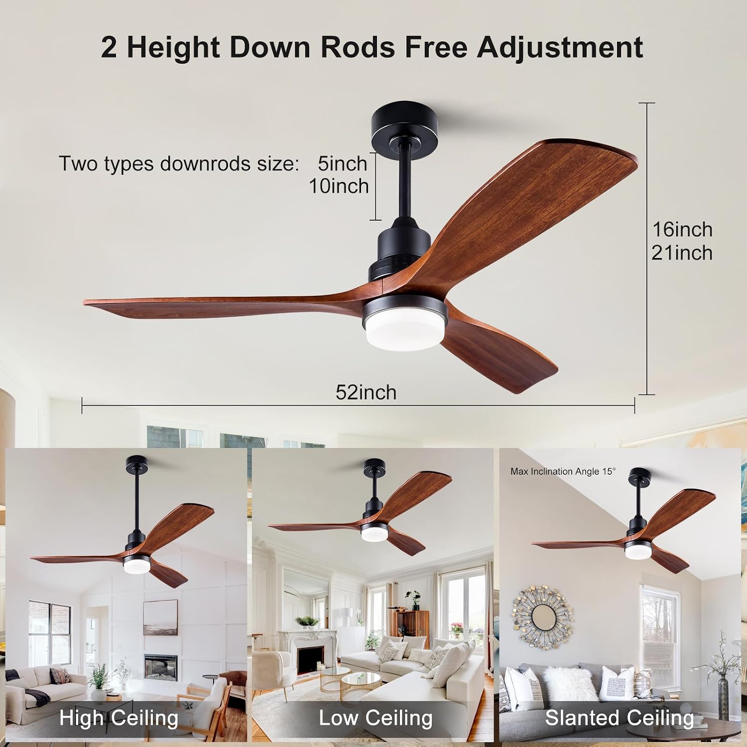 52 Inch Ceiling Fan with Lights Remote Control, 3 Blade wood ceiling fan,Quiet DC Motor Mordern Ceiling Fan, Indoor Outdoor Ceiliang Fans for Patios Bedroom Living Room