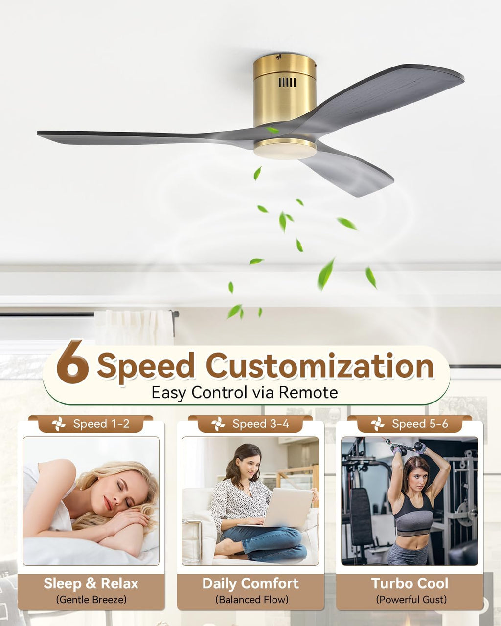 Sofucor 52' Solid Wood Low Profile Flush Mount Ceiling Fan No Light, Outdoor Modern Ceiling Fan without Light works with Alexa/Google/App6-Speed, 3-Timer, Reversible DC Motor for Living Room Bedroom