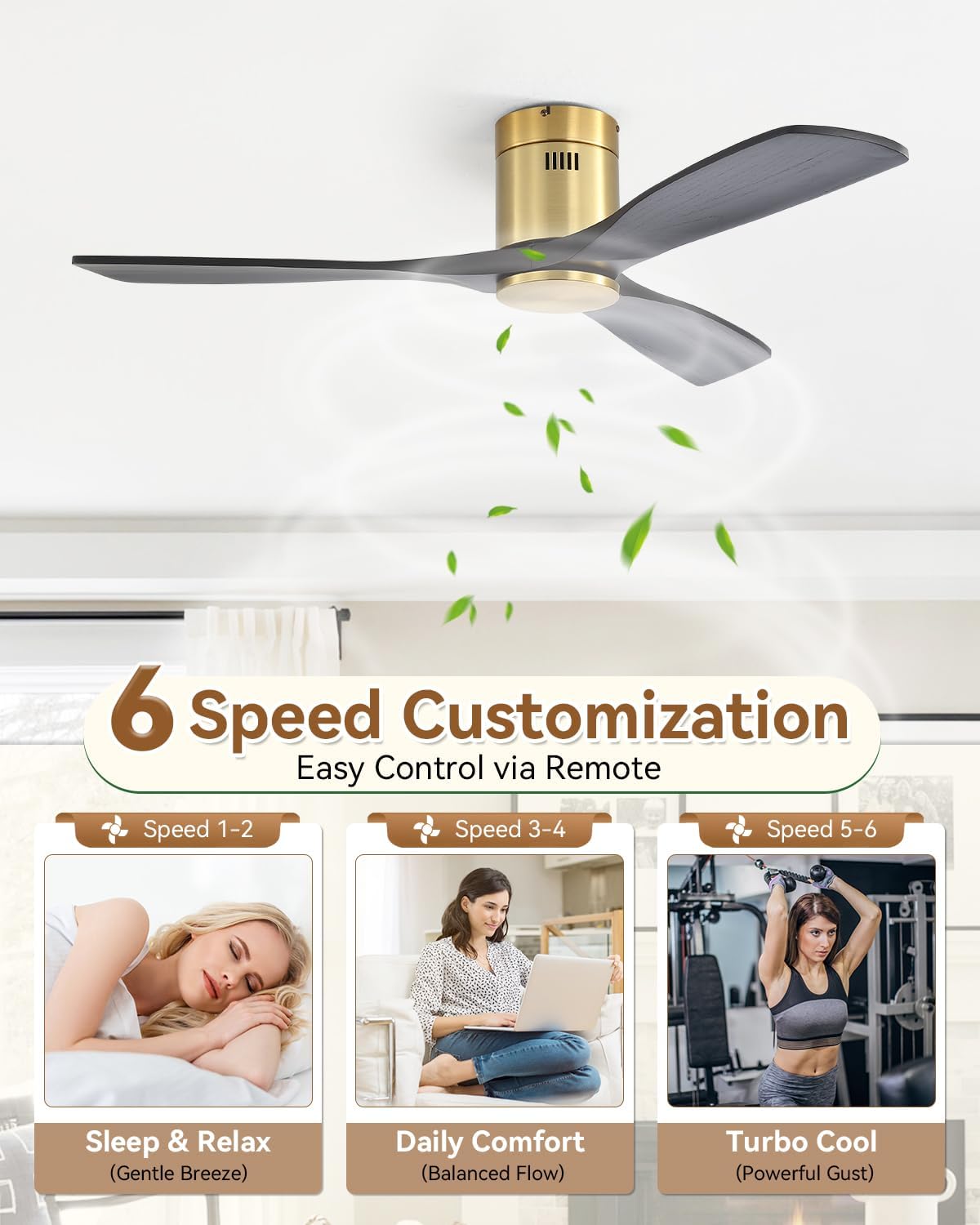 Sofucor 52' Solid Wood Low Profile Flush Mount Ceiling Fan No Light, Outdoor Modern Ceiling Fan without Light works with Alexa/Google/App6-Speed, 3-Timer, Reversible DC Motor for Living Room Bedroom