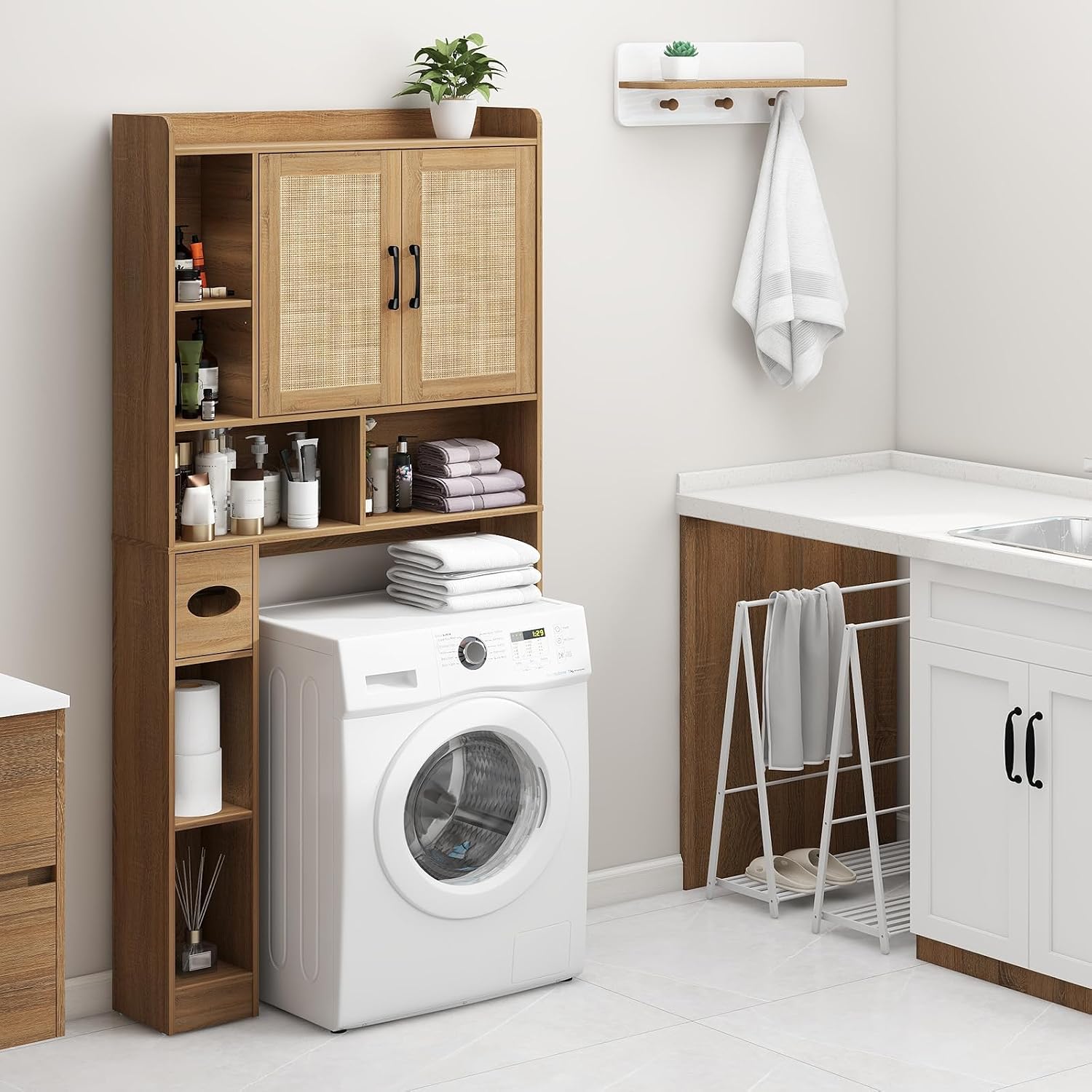 Farmhouse Rattan Storage Cabinet Over Toilet - 2 Door with Toilet Paper Holder - Space-Saving for Bathroom, Oak