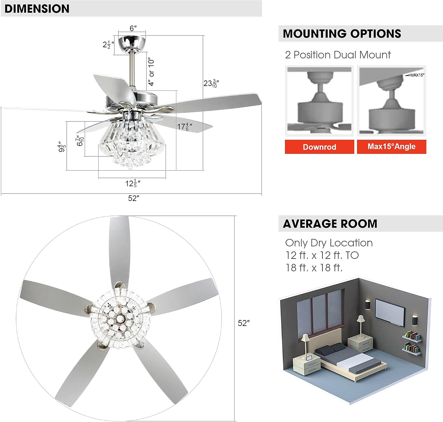 Parrot Uncle Ceiling Fans with Lights and Remote, 52 Inch Crystal Chandelier Lighting Ceiling Fans for Bedroom Living Room, Ventiladores De Techo Modernos, Reversible 5 Blades, Timer, Silver