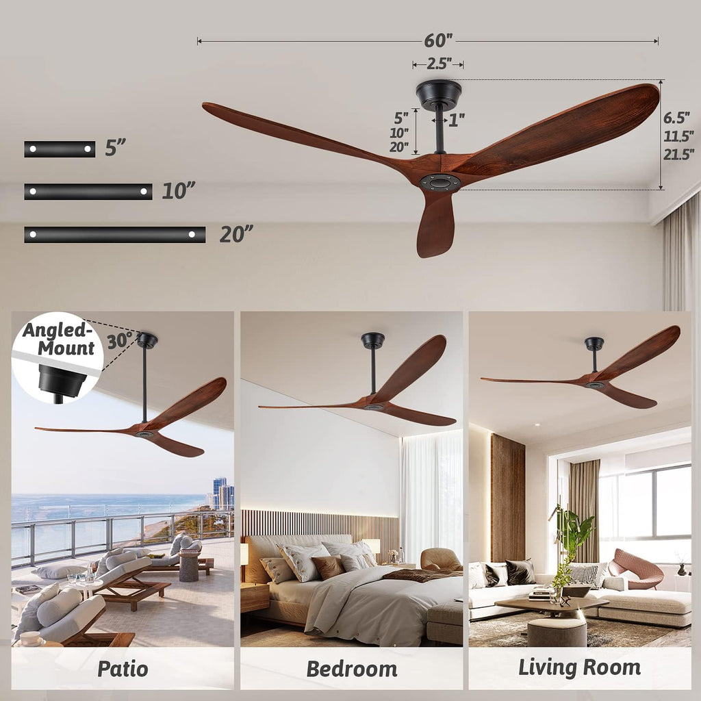 60'' Walnut Ceiling Fan with 3 Wood Blades, 6 Speeds Smart Timing Reversible DC Motor, Modern Black Fan for Indoor/Outdoor Farmhouse/Patios