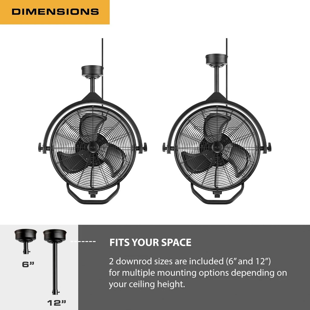 MULE Rugged Outdoor 18' Inch Fan, Dual Height Ceiling Mounting options, Standard 3-prong plug, 360-deg + up/down adjustable direction, 3-speeds, High Flow, 8 ft cord, Damp rated, Black Matte, 52008-5