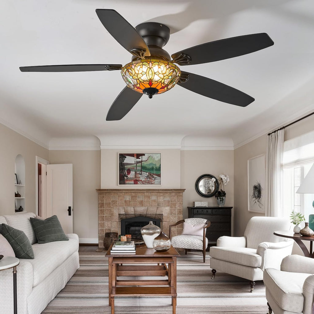 Ceiling Fans with Lights - 52' Ceiling Fan Chandelier with 5 Dual-Blades and Glass Shade, 6 Speeds and Reversible, Indoor and Outdoor, Retro Style