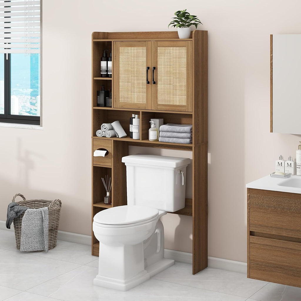 Farmhouse Rattan Storage Cabinet Over Toilet - 2 Door with Toilet Paper Holder - Space-Saving for Bathroom, Oak