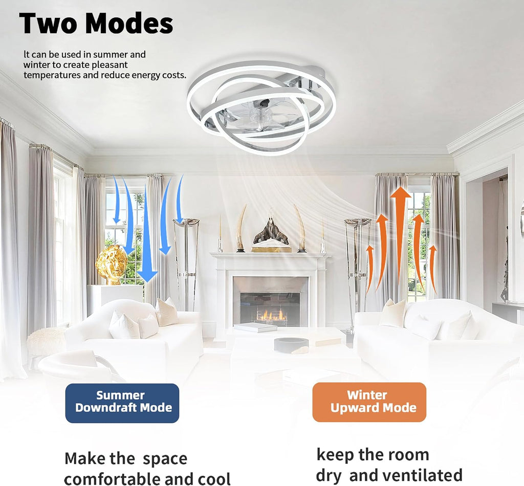 24' Modern Ceiling Fans with Lights and Remote Control,Reversible DC Motor,Dimmable,DIY Rings LED,Flush Mount Low Profile Ceiling Fan with Light for Living Room/Dining Room/Bedroom