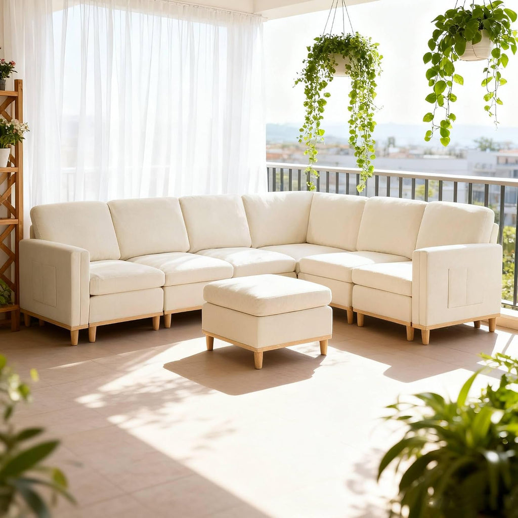 KEIKI 110' Modular Sectional Sofa for Living Room, Convertible 6 Seat Cloud Couch with Soft Fabric Padding, Reconfigurable Furniture for Open Concept Space, Bright Modern Home, White
