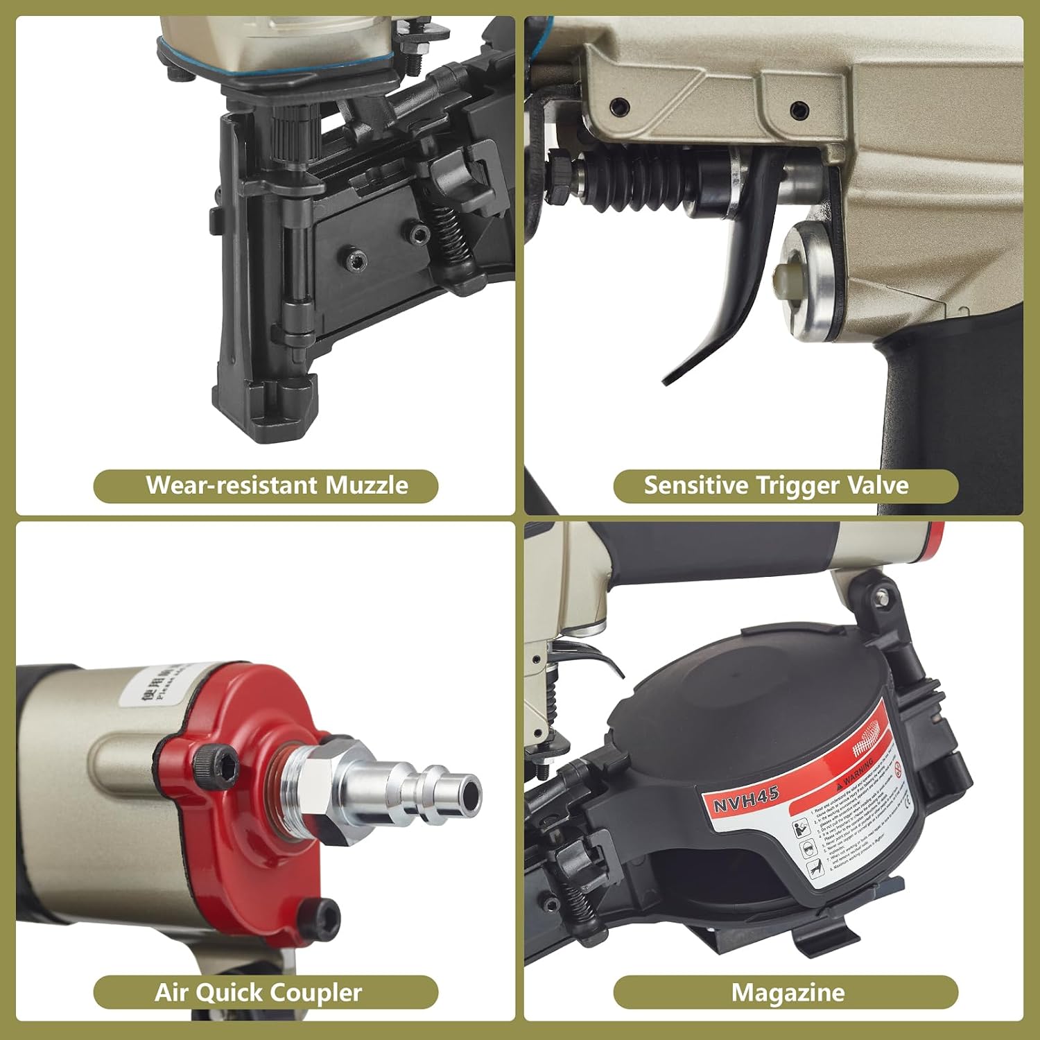 Maxparts NVH45 15 Degree Roofing Nail Gun for Wooden House Roof Building 7/8-Inch to 1-3/4-Inch Round Head Coil Nails