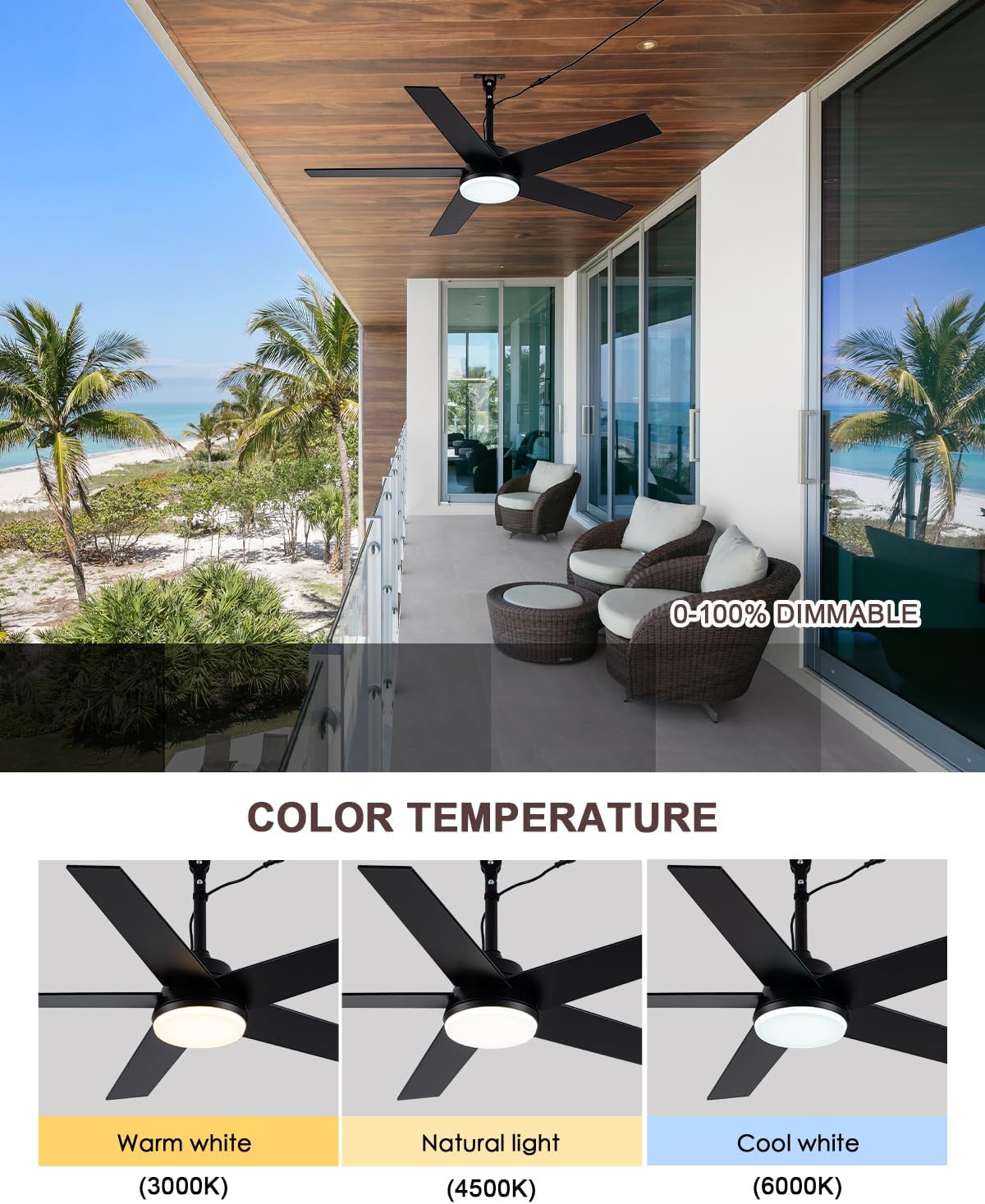48 Inch Waterproof Outdoor Ceiling Fan with Lights, IP65 Hanging Gazebo Fan with App/Remote Control, 5-Blade Plug in Ceiling Fan Light with 6-Speed Reversible, Dimmable, Timer, (Black)