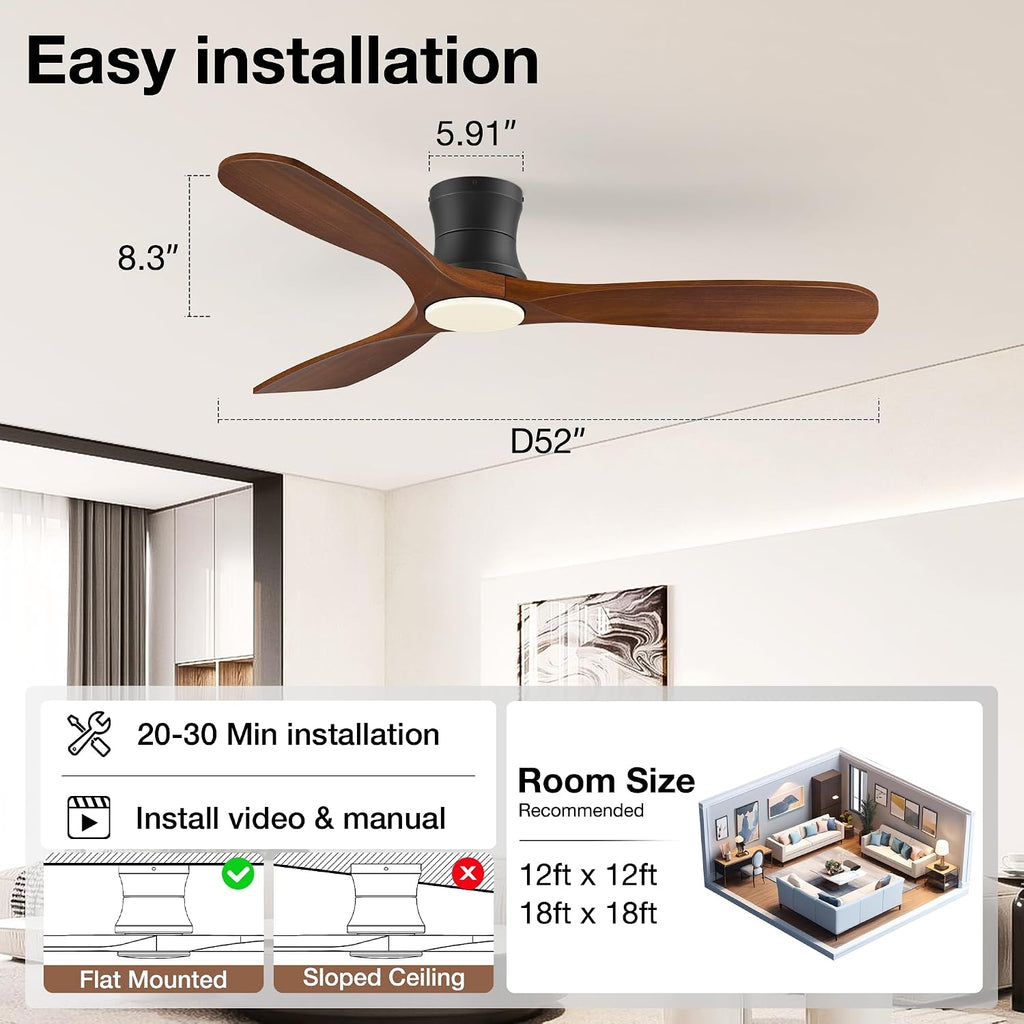 52 Inch Wood Ceiling Fans with Lights Remote,Low Profile Flush Mount Ceiling Fan with Light,Outdoor Indoor Modern Hugger Ceiling fan for Patio Bedroom,Walnut Brown& Black,3 Blades,6 Speeds,Ultra-Quiet
