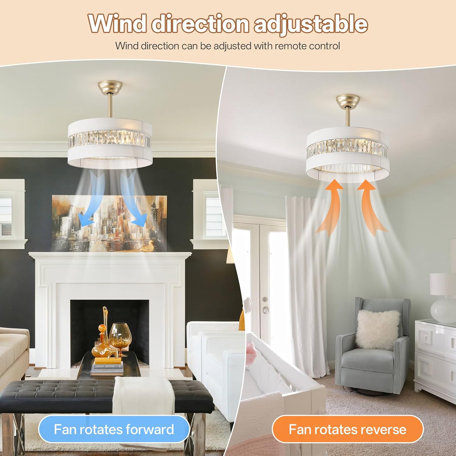 20' Gold Fandelier Ceiling Fan with Lights, Mid Century Gold Caged Ceiling Fans with Lights and Remote, Crystal with 6 Speeds for Bedroom, Living Room, Kitchen