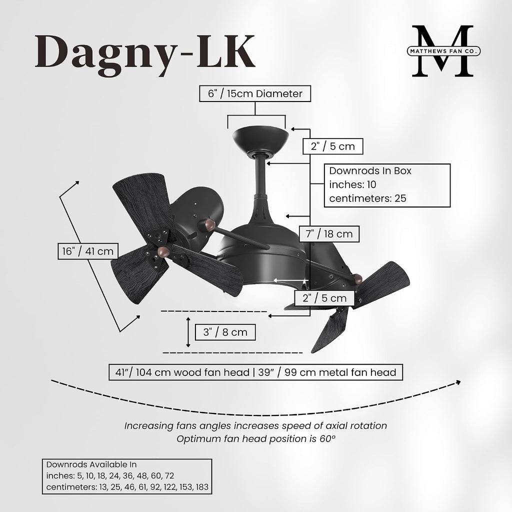 Matthews DGLK-BK-WDBK Dagny LK Damp Rated 41' Dual Motor 360° Rotational LED Ceiling Fan with Light & Remote, Solid Wood Blades, Matte Black