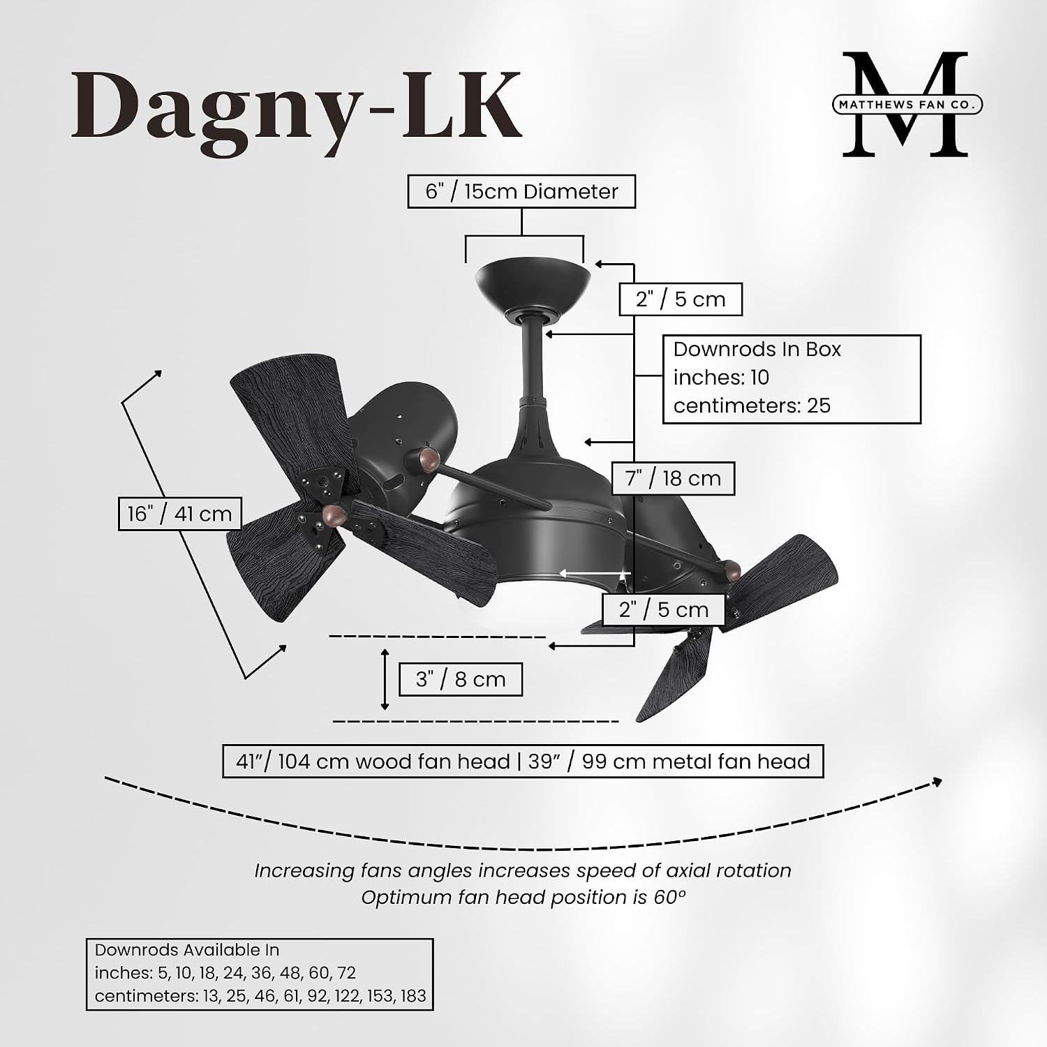 Matthews DGLK-BK-WDBK Dagny LK Damp Rated 41' Dual Motor 360° Rotational LED Ceiling Fan with Light & Remote, Solid Wood Blades, Matte Black