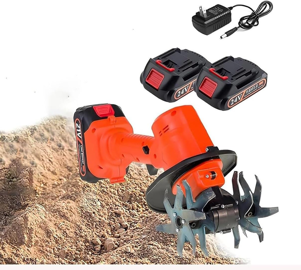 24v Cordless Mini Tiller Cultivator,Electric Garden Rotavator,Garden Soil Cultivator Rotavator,235rpm with 4 Rows of Tines,2x1.5ah Batteries Charger,for Effortless Gardening
