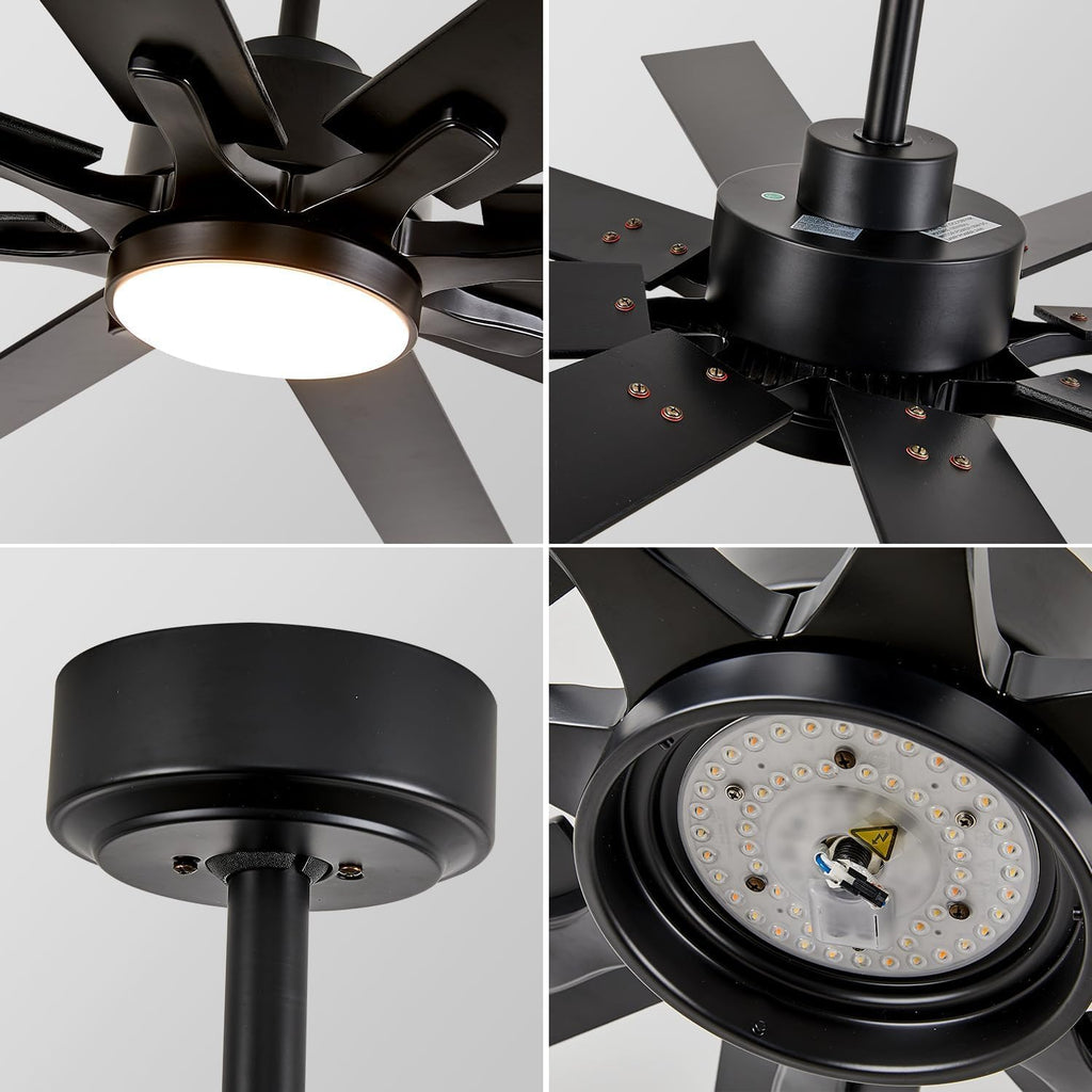 Modern Black Ceiling Fan with Light, 72 Inch Industrial Large Ceiling Fans with 8 Blade, Remote Control, Reversible DC Motor, Low Profile Indoor Outdoor Ceiling Fan for Office Exterior