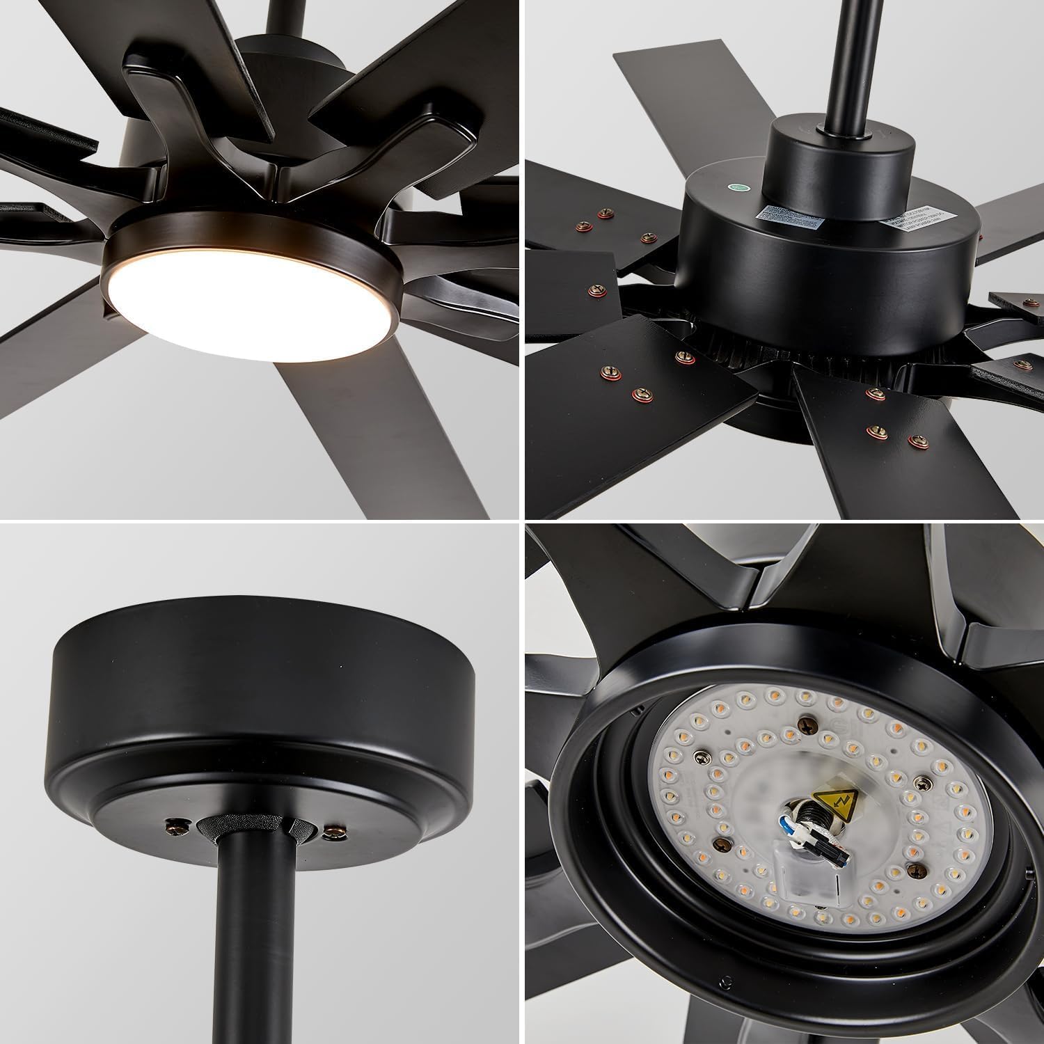 Modern Black Ceiling Fan with Light, 72 Inch Industrial Large Ceiling Fans with 8 Blade, Remote Control, Reversible DC Motor, Low Profile Indoor Outdoor Ceiling Fan for Office Exterior