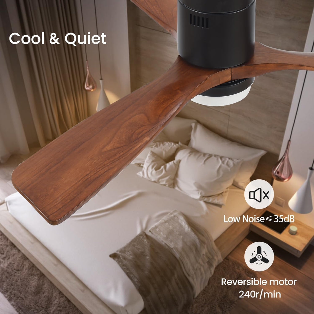 Ceiling Fans with Lights, 52' Wood Ceiling Fan with Remote Control, 3 Walnut Fan Blades Reversible Quiet DC Motor 6 Speeds Timing Farmhouse Ceiling Fan for Bedroom/Living Room/Study/Porch